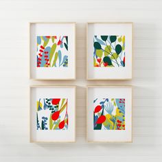 four framed artwork pieces on a white wall