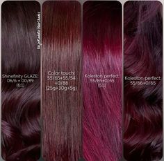 Global Grape Hair Color, Dark Violet Red Hair Color, Igora Reds, Wella Reds Formula, Grape Hair Color, Dark Red Violet Hair, Wella Color Touch Formulas, Wella Colour Touch, Eggplant Colored Hair