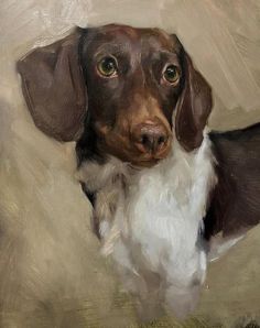 a painting of a brown and white dog