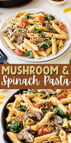 mushroom and spinach pasta in a skillet on a white table with other dishes