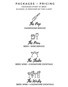 four different types of wine labels with the words, packages and pricing in black on white