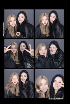 four different pictures of two women making the peace sign with their hands and smiling at the camera