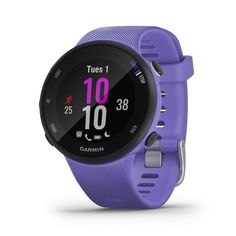 the garmin sport watch is purple and has a heart rate monitor on its screen