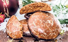 cookies stacked on top of each other in front of christmas decorations and baubles