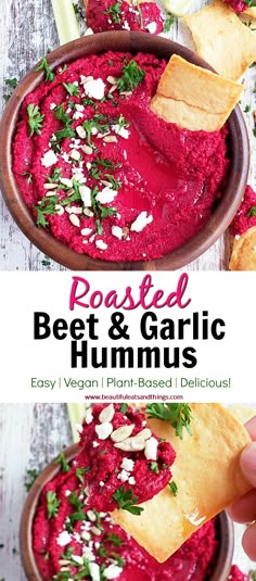 roasted beet and garlic hummus in a bowl with tortilla chips