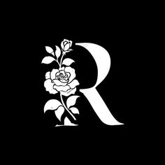 the letter r is decorated with flowers and leaves in white on a black background,