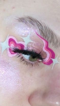 Funky Makeup Creative, Pink Graphic Eyeliner, Pink Fairy Makeup, Pink Graphic Liner, Heart Eyeliner, Raspberry Punch, Valentines Galentines, Funky Makeup, Makeup Face Charts