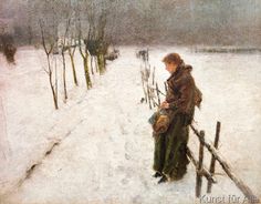 a painting of a person leaning on a fence in the snow