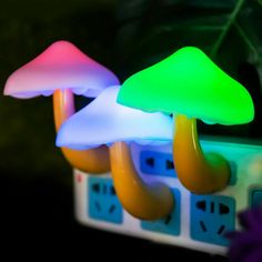 three glowing mushrooms sitting on top of a power strip