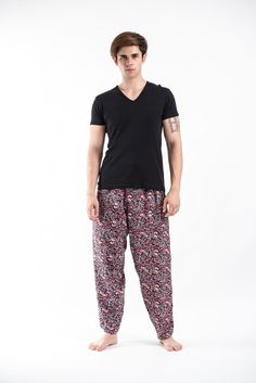 Thai Organic Cotton Paisley Black Men's Drawstring Pants Yoga Massage, Coral Skirt, Bali Fashion, Drawstring Pants, Small Waist, Yoga Women, Striped Shirt, Yoga Pants