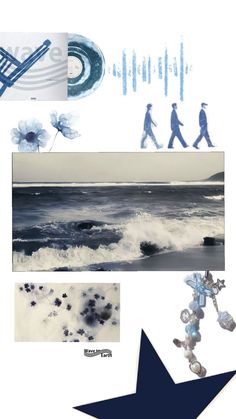 an artistic collage with people walking on the beach and waves in the ocean,