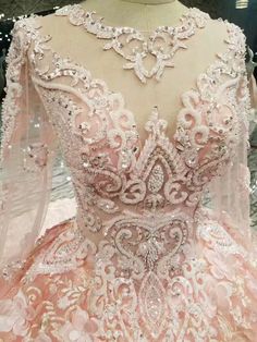 Long Sleeve Wedding Dress Ball Gown, Tangled Wedding, Illusion Sleeves, Haute Couture Wedding Dress, Long Sleeve Bridal Gown, Bridal Gowns Vintage, Pink Ball Gown, Wedding Dresses Cinderella, Bridal Ball Gown