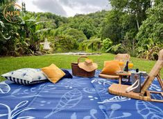 an outdoor area with chairs, pillows and drinks