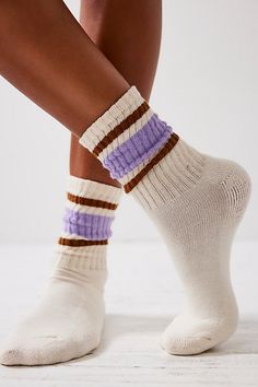 Classic sporty crew socks featured in a wide ribbed design with striped details at the ankle. * Calf-high rise * Comfortable fit | Retro Stripe Tube Socks by Free People in Purple High Ankle Socks, Socks And Trainers, Women’s Socks, Sock Trends 2024, Free People Socks, Slouchy Socks Outfit, Brandy Melville Socks, Sock Photography, Cute Long Socks