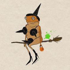 a drawing of a bird sitting on top of a tree branch with a witch's hat