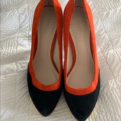 Black, Orange, And Gold Heels. Never Worn. Chic Orange Wedge Heels, Elegant Orange Heels For Work, Orange High Heels For Work, Orange Heels For Work, Chic Orange Heels For Workwear, Chic Orange Heels For Work, Orange Pointed Toe Heels For Work, Orange And Gold, Gold Heels