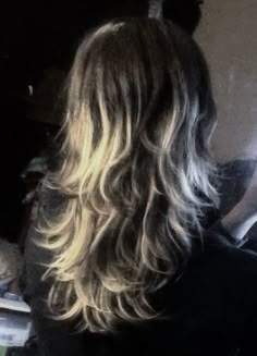 Updo Hairstyles For Wolfcut, Long Wolfcut With Highlights, Messy Wolfcut Hair Long, Long Wolfcut Curly, Wolfcut With Blonde Highlights, Black Hair With Frosted Tips, Wolfcut Blonde Highlights, Wolfcut Black Hair, Wolfcut With Highlight