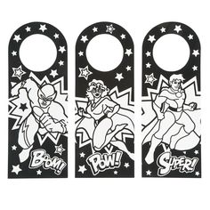 three door hangers with cartoon characters on them, one is black and the other is white