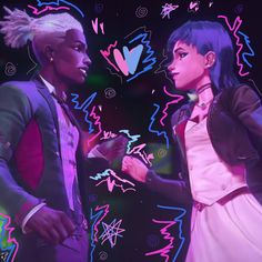 two people standing next to each other in front of a neon background with hearts and stars