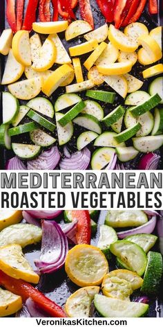 Diced red bell pepper, yellow squash, zucchini, and red onion on a baking sheet. Mediterranean Roasted Vegetables, Best Roasted Vegetables, Roasted Zucchini And Squash, Veggie Medley, Roasted Vegetables Recipe, Roasted Veggies In Oven, Squash Zucchini, Easy Mediterranean Diet Recipes