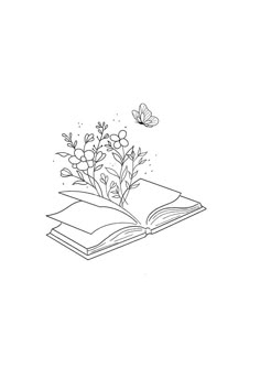 an open book with flowers on it and a butterfly flying over the pages in the background