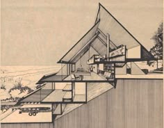 an architectural drawing of a house on the edge of a cliff with mountains in the background