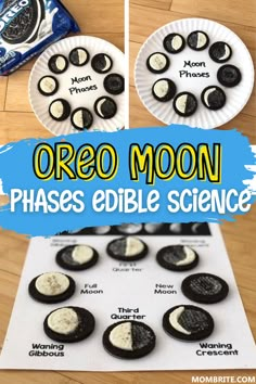 oreo moon phases on a paper plate with text overlay that says oreo moon phases edible science