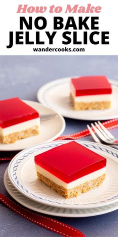 no bake jely slice on plates with red and white icing