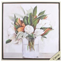 a painting of white flowers in a glass vase on a table next to a wall