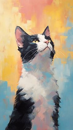 a painting of a black and white cat on a blue, yellow, pink, and orange background