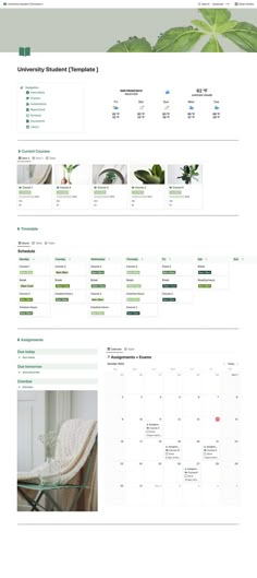 Green aesthetic Notion template for university college students. It is plant themed. University Notion, University Planner, Aesthetic Notion Template, Assignment Tracker, Life Planner Organization, Aesthetic Notion, Notion Planner