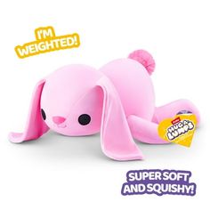 a pink stuffed animal laying on top of a white background with the words, i'm weighted super soft and squishy