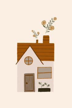 a drawing of a house with flowers growing out of it's roof and windows