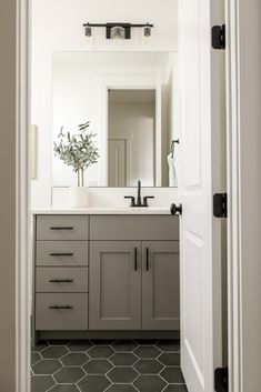 an open door leading to a bathroom with gray cabinets and white walls, along with a plant in the mirror