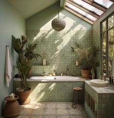 a bath room with a tub a sink and potted plants