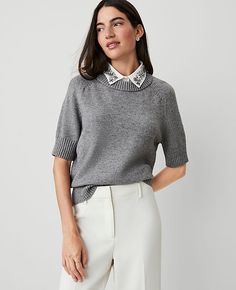 A rhinestone-embellished shirt collar transforms this timeless sweater into a wardrobe gem. Point collar. Crew neck sweater. Short sleeves. Saddle shoulders. Ribbed neckline, cuffs and hem.,Imported:Imported,Fit:Softly fitted,Length:21 1/2" long,Fabrication:54% Acrylic, 30% Polyester, 16% Nylon,Garment Care:Machine Washable Rhinestone Mixed Media Sweater Tee by Ann Taylor Size regular - XL Medium Heather Grey Women's Crew, Neck, Short, Sleeve, Tees, Sweaters, 54%, Acrylic, 30%, Polyester, 16%, Nylon, Machine, Washable Saddle Shoulder Sleeve, Elegant Short Sleeve Tops With Ribbed Collar, Elegant Knit Top With Ribbed Collar For Work, Elegant Ribbed Collar Crew Neck Top, Knit Collar Top For Work, Knit Tops With Collar For Work, Classic Workwear Tops With Embellished Collar, Classic Embellished Collar Tops For Workwear, Classic Tops With Embellished Collar For Workwear