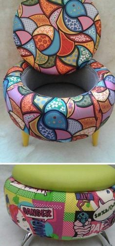 two pictures of colorful furniture with different designs on them