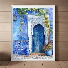 Moroccan Blue Door Painting, Morocco Art Print, European Wall Decor, Marrakesh Travel Art, Watercolor Printable Download Moroccan Painting, Marrakesh Travel, European Wall Art, Art Marocain, Morocco Art, معرض فني, European Wall, Spring Wall Art, Moroccan Art