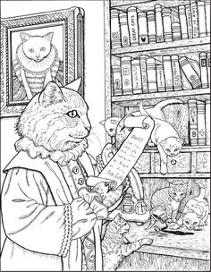 a cat reading a book in front of a bookshelf full of cats and kittens