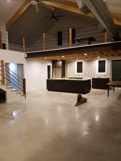 a dog is sitting in the middle of an empty room