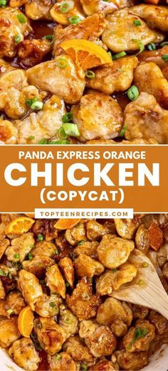 chicken and oranges in a pan with the words panda express orange chicken copycat