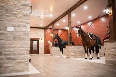 two horses are standing in the middle of a room with stone walls and flooring