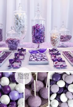 purple and white candies are displayed on the table