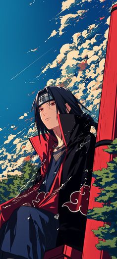 an anime character sitting on top of a red bench in front of the blue sky