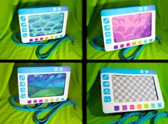 four different pictures of a computer screen on a green surface with blue cords attached to it