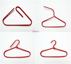 four pictures of red clothes hangers on a white background, each with different shapes and sizes