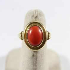 -Vintage 14k Gold Cabochon Natural Deep Red Orange Coral Ring -Ring size: 5.75 US -Coral size: 11.4 mm x 8.65 mm -Total weight: 4.3 g -Marked 585 Formal Red Domed Rings, Red Cabochon Ruby Ring In 14k Gold, 14k Gold Red Cabochon Ruby Ring, Red Domed Gemstone Rings, 14k Gold Red Cabochon Ring, 14k Gold Cabochon Red Ring, 14k Gold Rings With Red Cabochon, Vintage Red Signet Ring With Oval Cabochon, Vintage Red Oval Cabochon Signet Ring