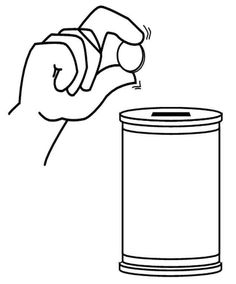 a hand is throwing something into a trash can with the lid open and pointing at it