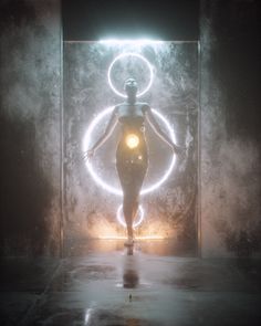 a woman standing in front of a mirror with her hands on her hips and glowing circles around her body