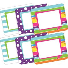 three colorful striped labels with polka dots on them